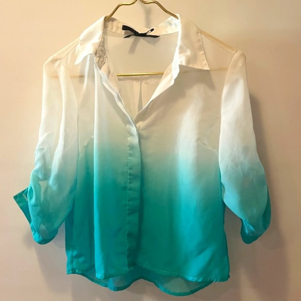 Sheer White and Turquoise Button-Up Blouse Size S